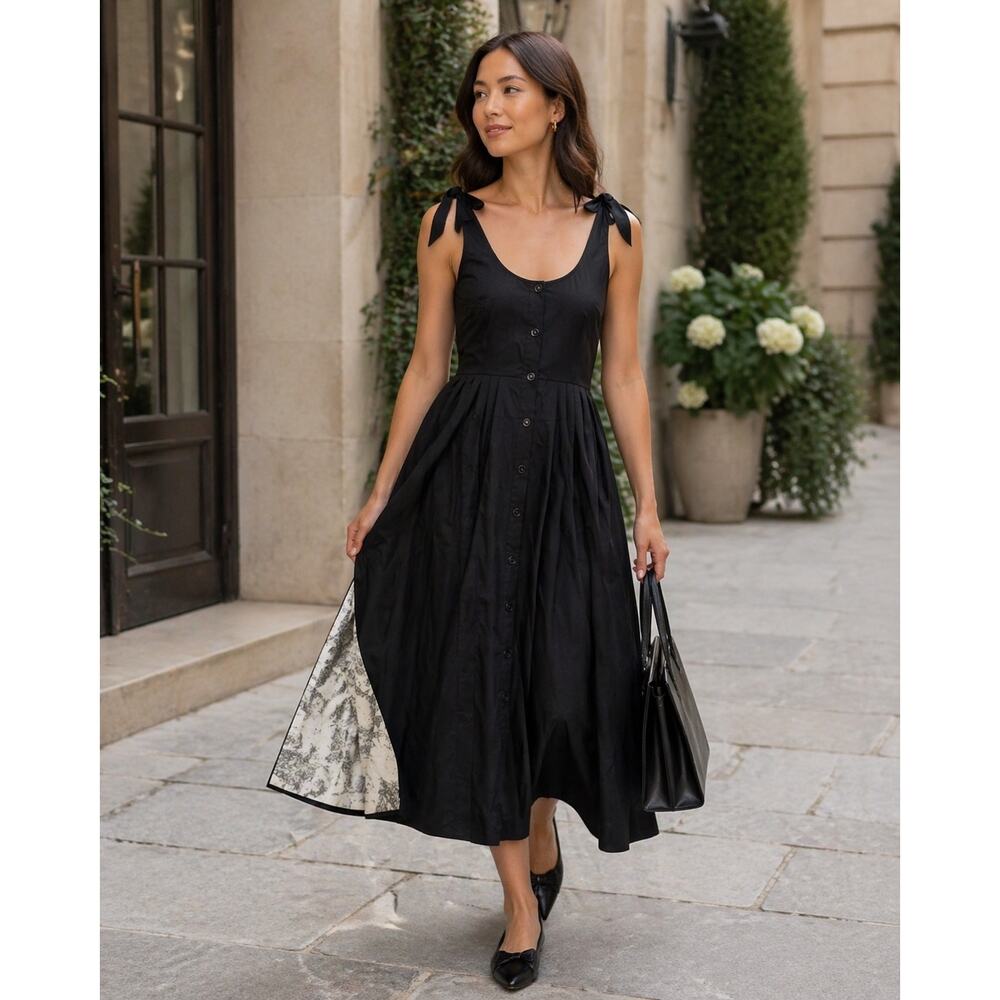 BURU Black Tie Shoulder Midi Dress Small Button Front Lined Dark Romantic